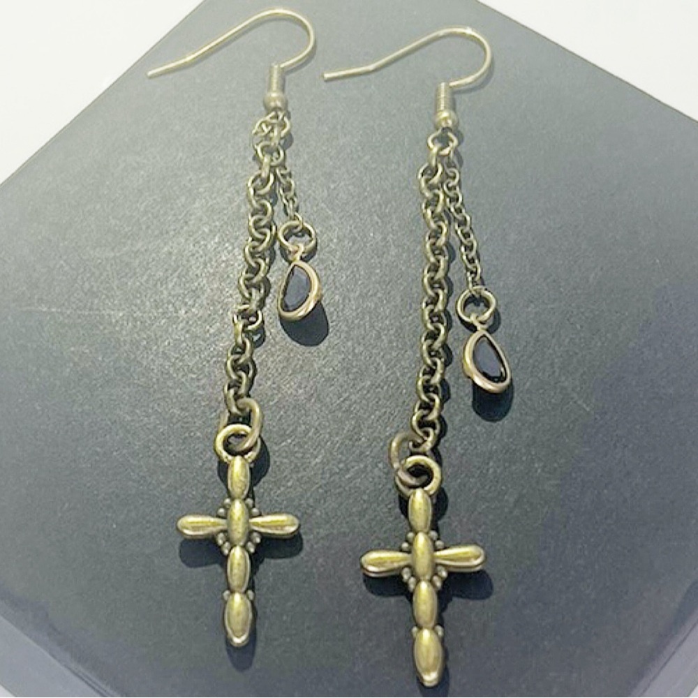 Antique Bronze Cross w Black Stones Drop Earrings